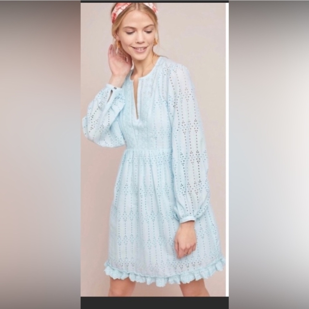 Anthropologie Light Blue Eyelet Long-Sleeve Mini Dress